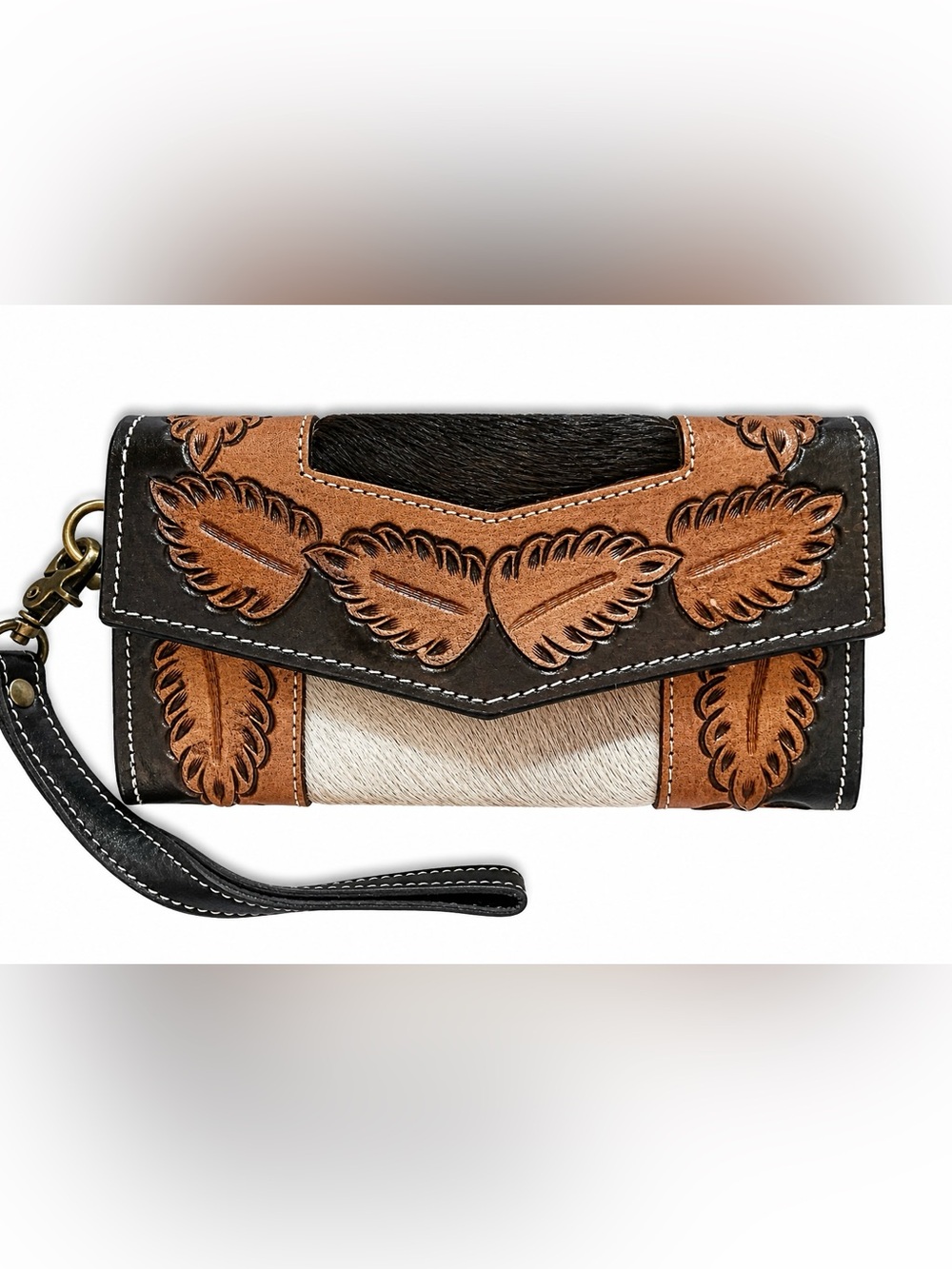 Western Tooled Leather Cowhide Wallet Clutch Wristlet NEW